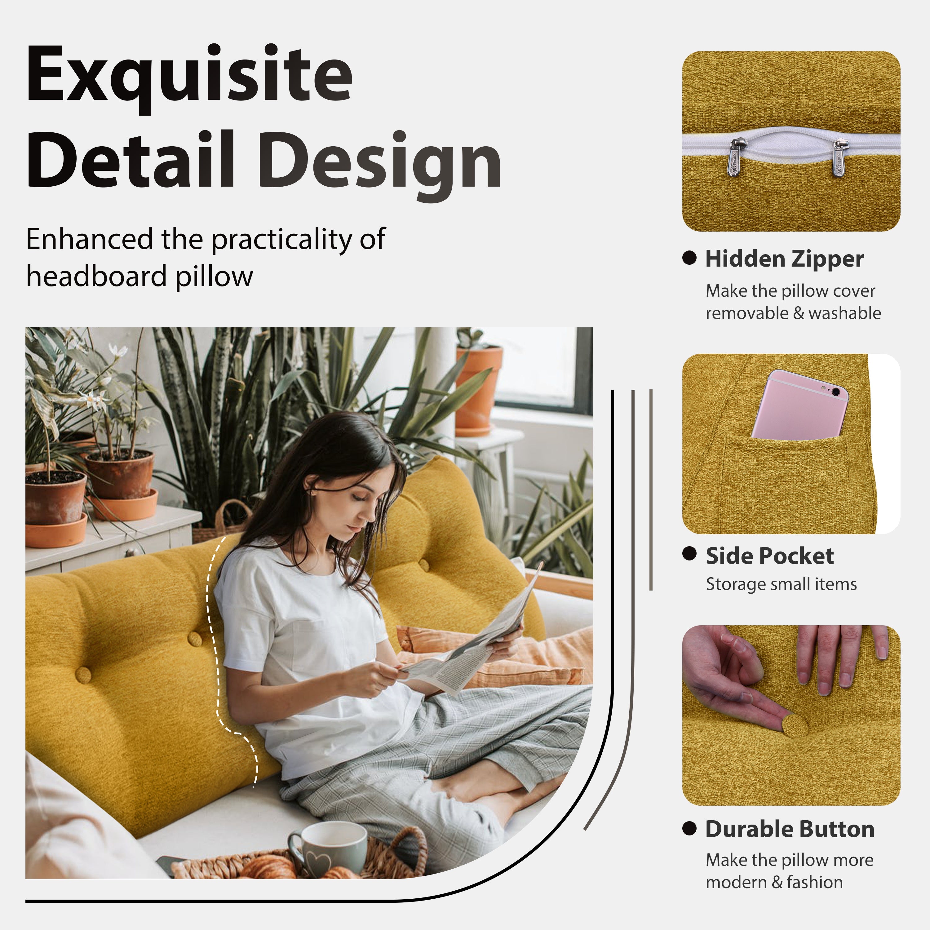 Large Bolster Triangular Backrest Reading Pillow Linen— Yellow