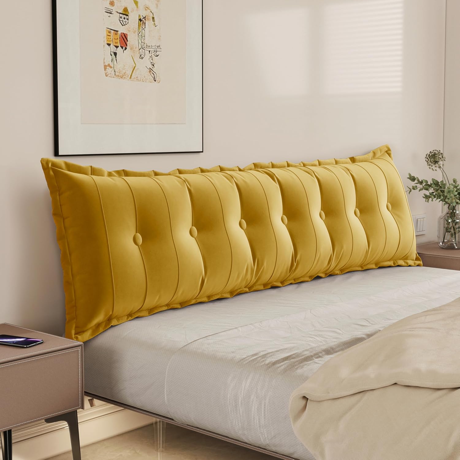 Rectangular Headboard Reading Body Velvet (100% Cotton)——Yellow