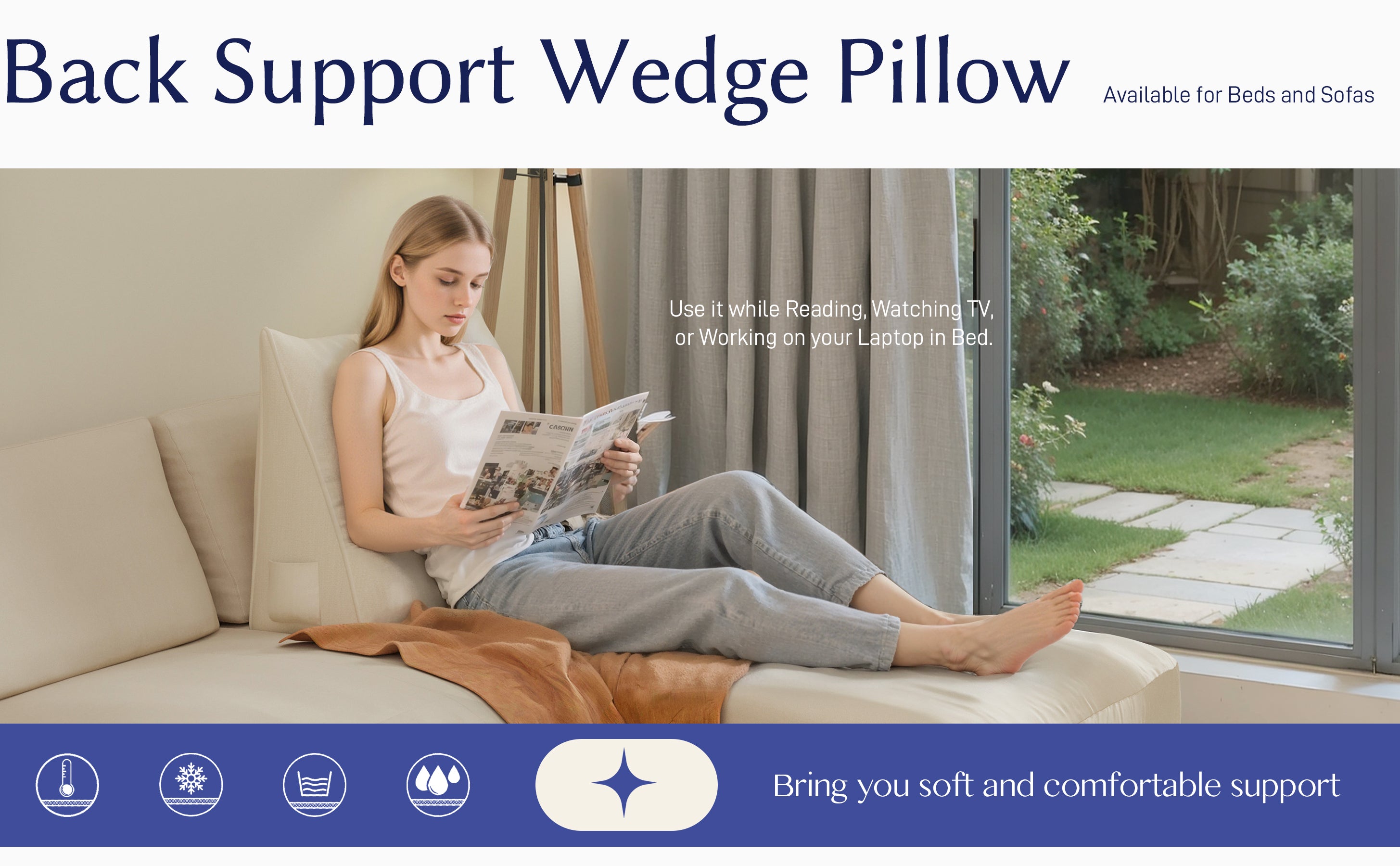 Back Pillow for Bed Sitting up-Bed Wedge Pillow, (80% Cotton 20% Linen Blend)