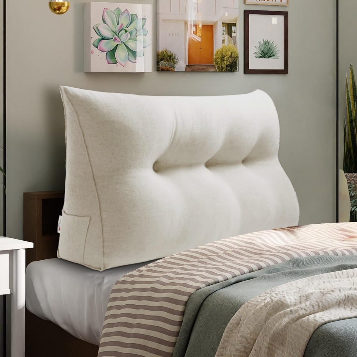 Triangular Reading Backrest Pillow 85% Linen 15% Cotton Blend—— Pure White