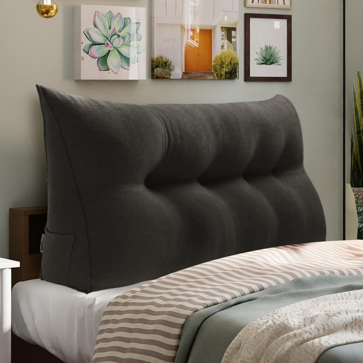 Triangular Reading Backrest Pillow 85% Linen 15% Cotton Blend—— Deep Gray