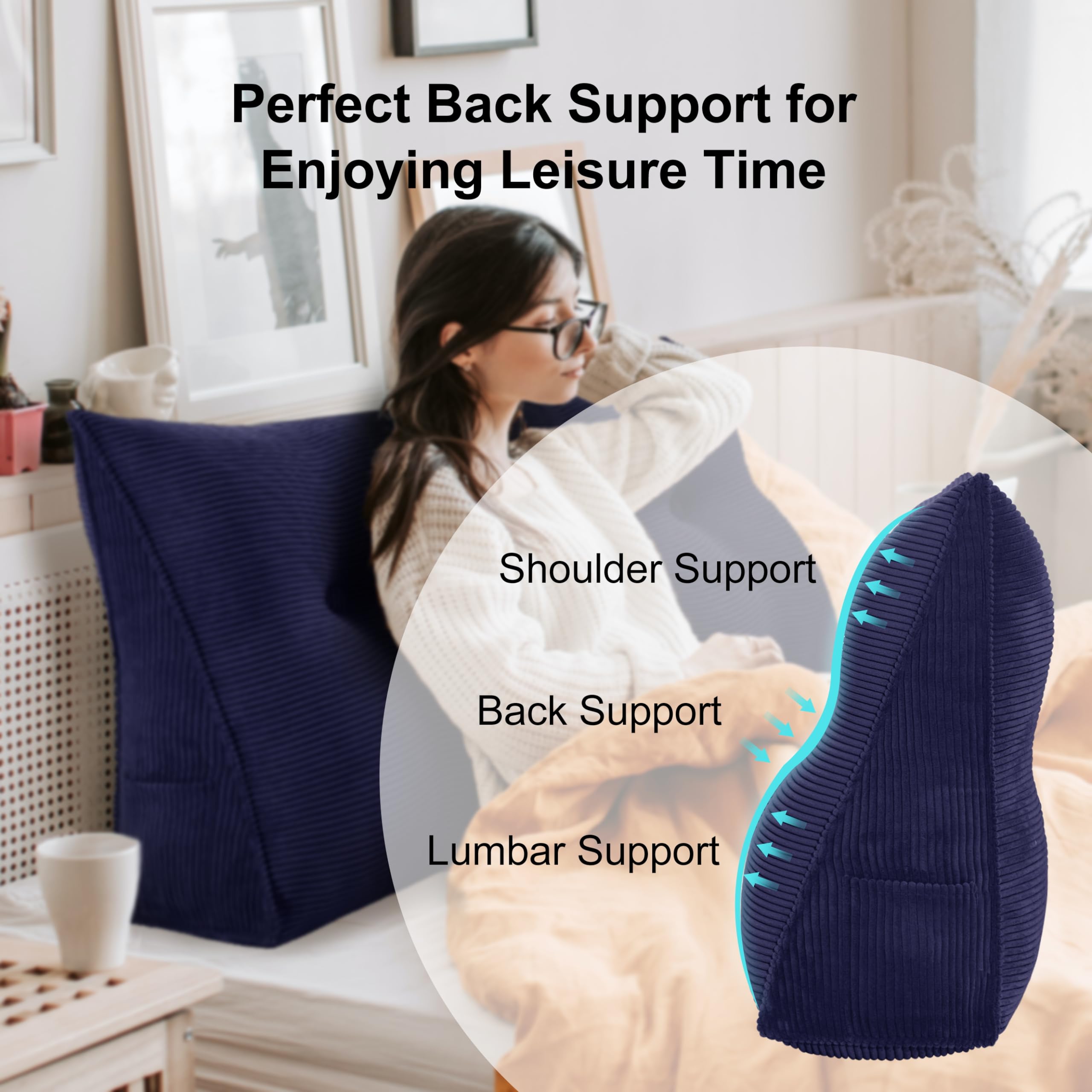 Triangular Reading Pillow Headboard Backrest Corduroy(100% Cotton)—Deep Blue