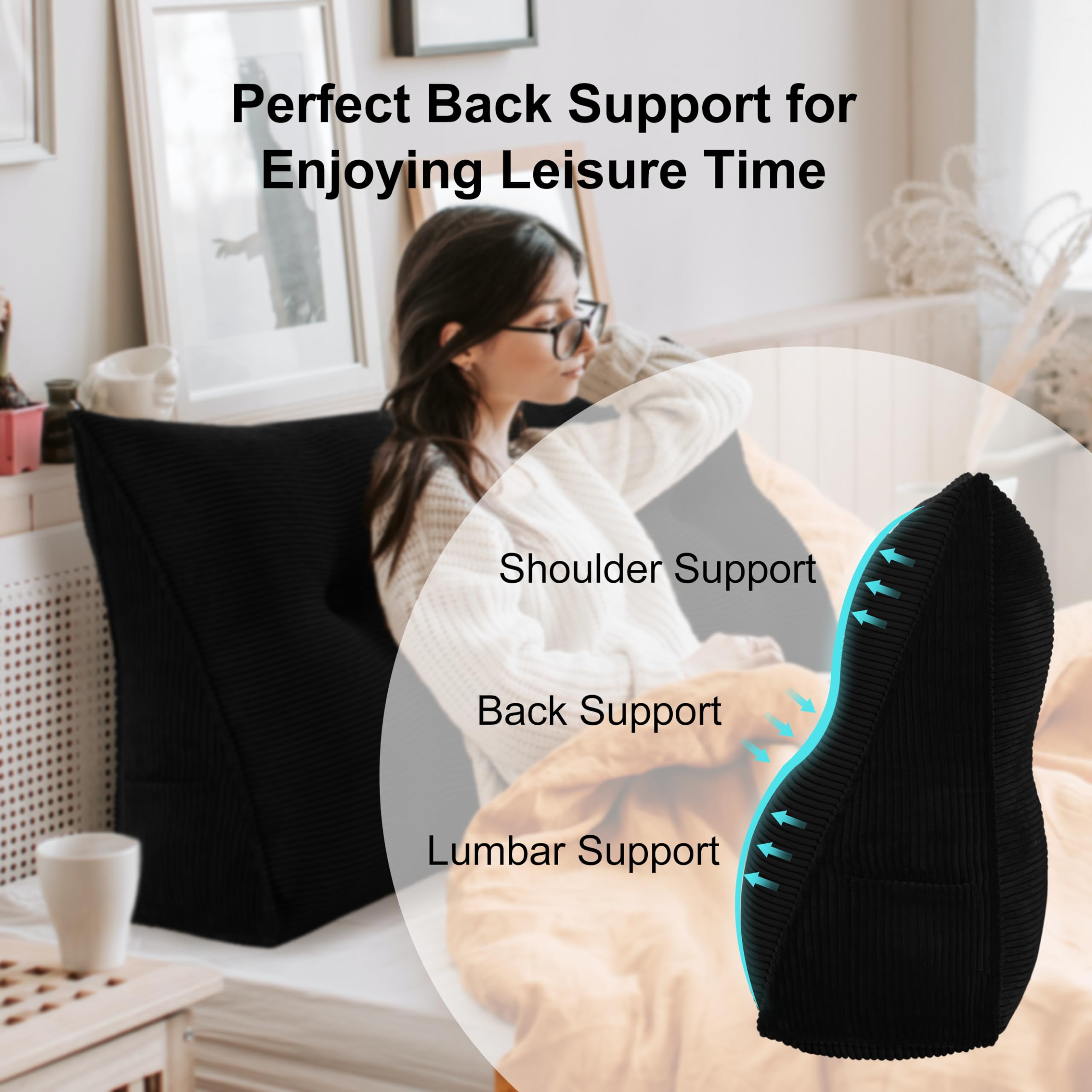 Triangular Reading Pillow Headboard Backrest Corduroy(100% Cotton)—Black