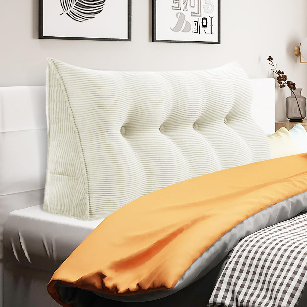 Triangular Reading Pillow Backrest Corduroy(100% Cotton)— White
