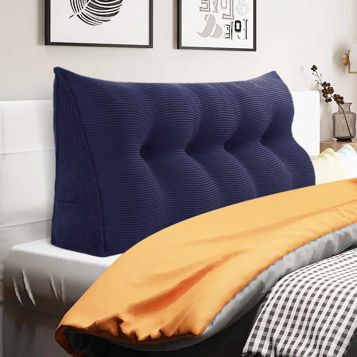Triangular Reading Pillow Backrest Corduroy(100% Cotton)—Deep Blue