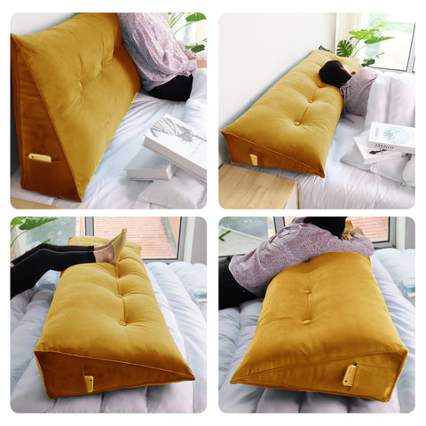 Large Bolster Triangular Backrest Reading Pillow Velvet— Yellow