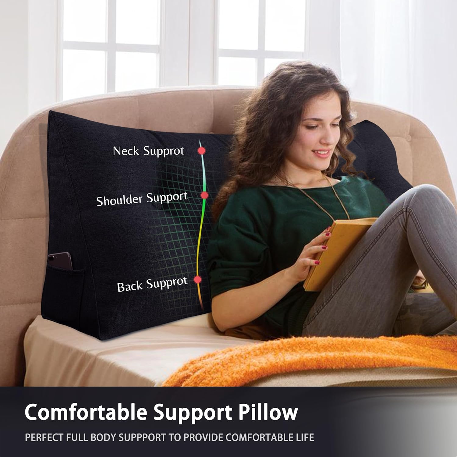 Large Bolster Triangular Backrest Reading Pillow（85% Linen 15% Cotton Blend）——Black