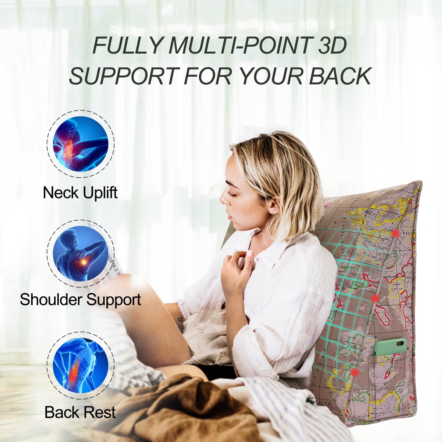 Backrest Lounge Cushion with Pocket 100% Cotton—World Map Tan