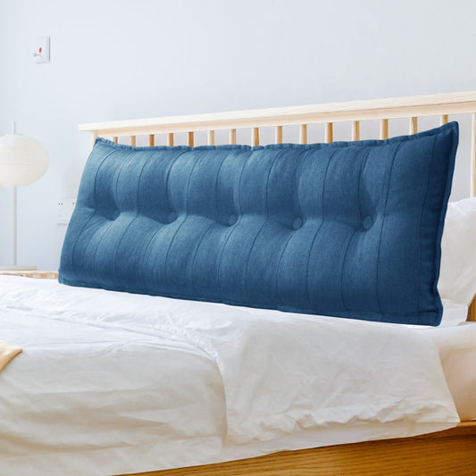 Suorakaiteen muotoinen sängynpääty, lukuvartalotyyny, selkänojaa tukeva liina – sininen